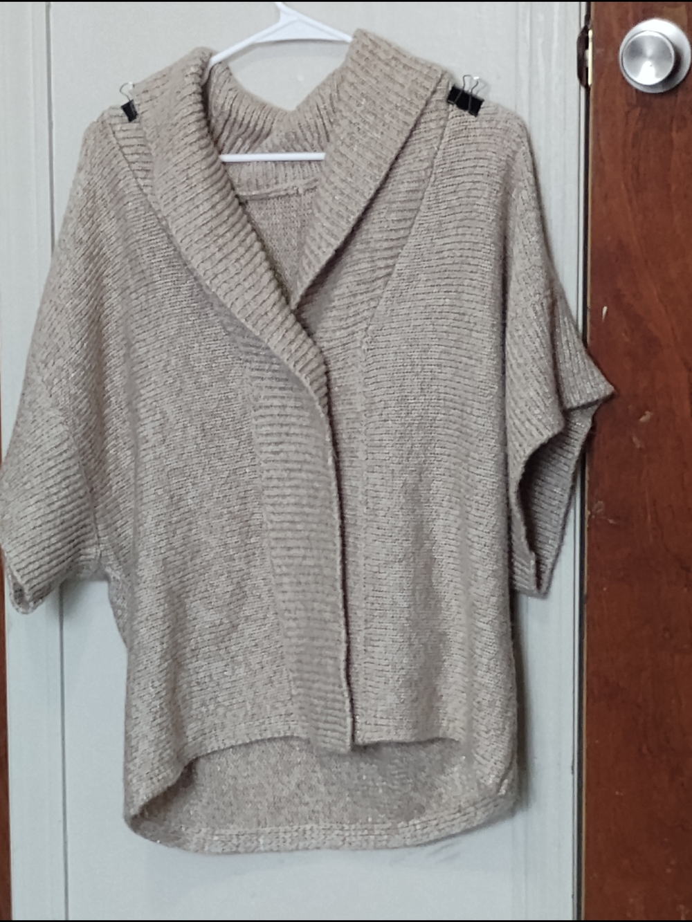 Neutral Shawl Collar Short-Sleeve Knit Sweater - Beige Women's Plus Size 4X